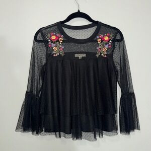Living Doll Black Mesh Floral Embroidered Tiered Bell Sleeve Top Womens Large